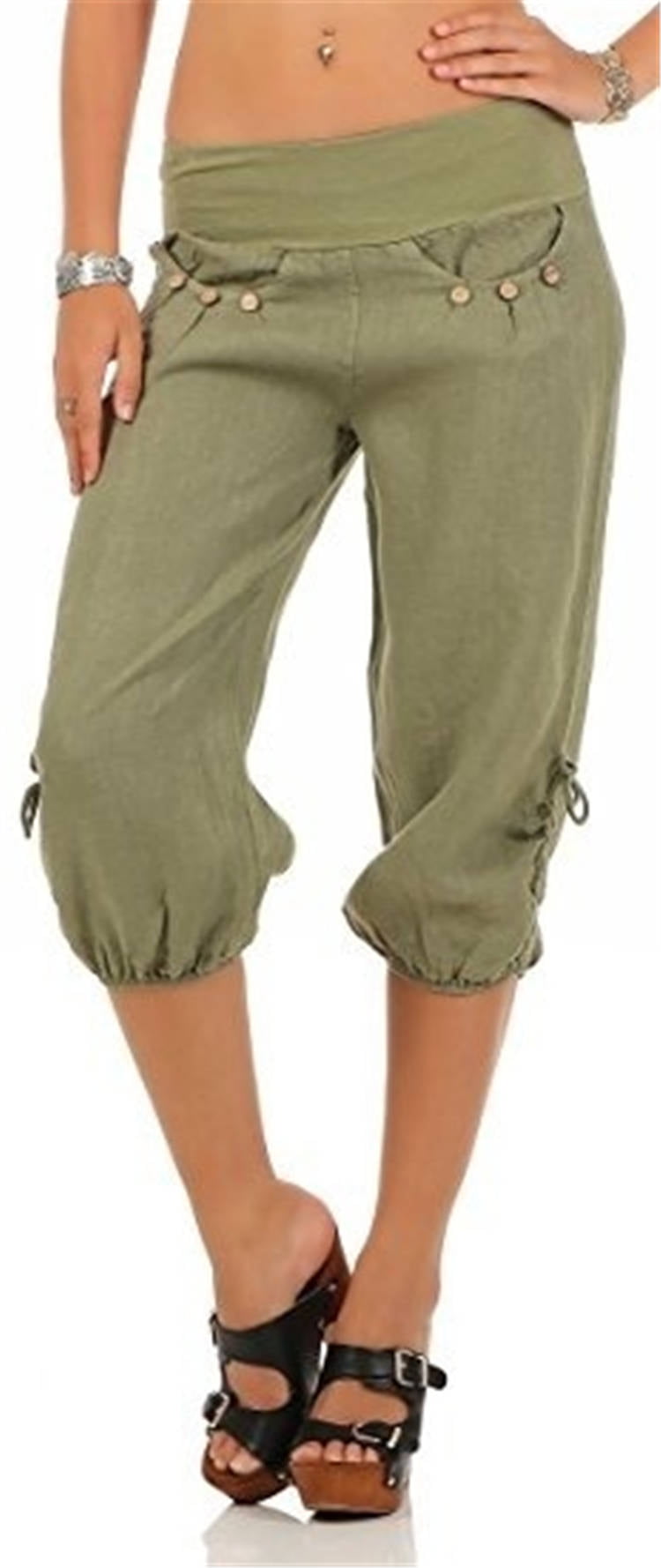 Women Solid Color Knee Length Pants Loose Beach Pants Casual Slim Waist ...