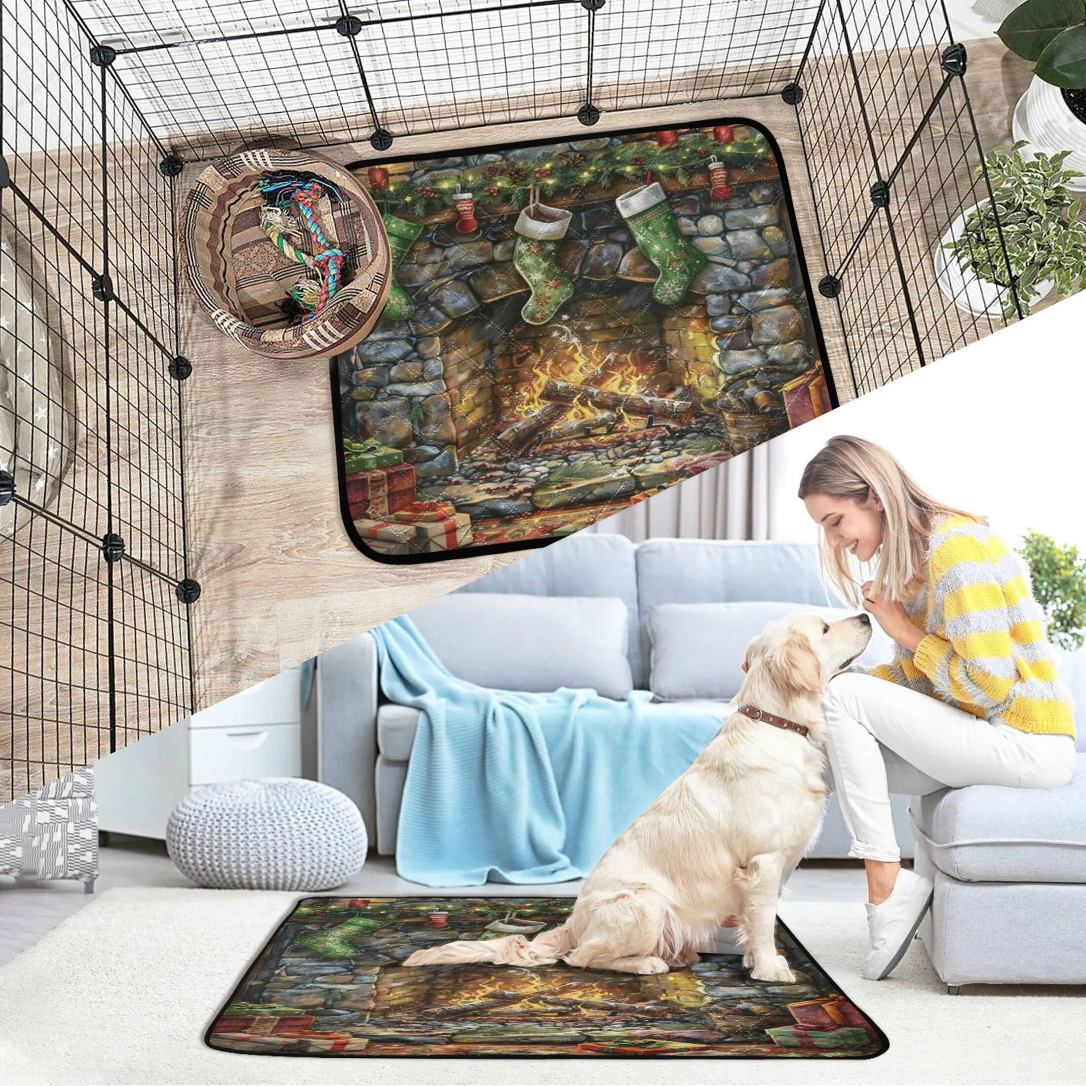 Qxltty Christmas Fireplace Cat litter Pads Pet Set of 2 Diaper Mats Center Anti-leakage Layer Absorbent Soft and Comfortable