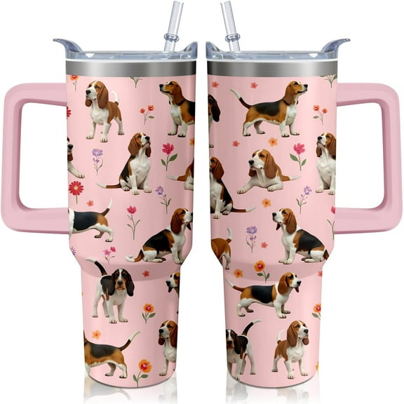40oz Basset Hound Tumbler with Handle and Straw, Cute Dog Stainless Steel Insulated Cup with Lid and Straw, Travel Coffee Mug Water Bottle, Birthday Mothers Day Gifts for Women Men Animal Lovers