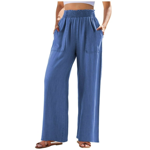 EQWLJWE Womens Wide Leg High Waist Pants Slant Pocket Straight Soft Denim Jeans Summer Lightweight Pants Blue S