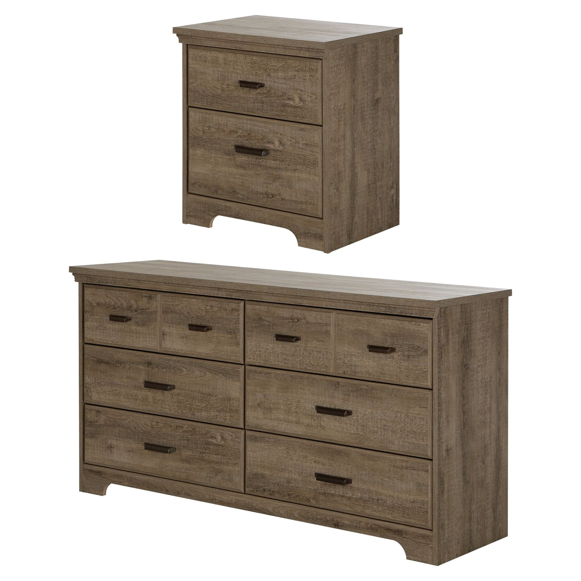Ensemble commode 6 tiroirs et table de chevet pour Adulte, fini Chêne vieilli, collection Versa de Meubles South Shore