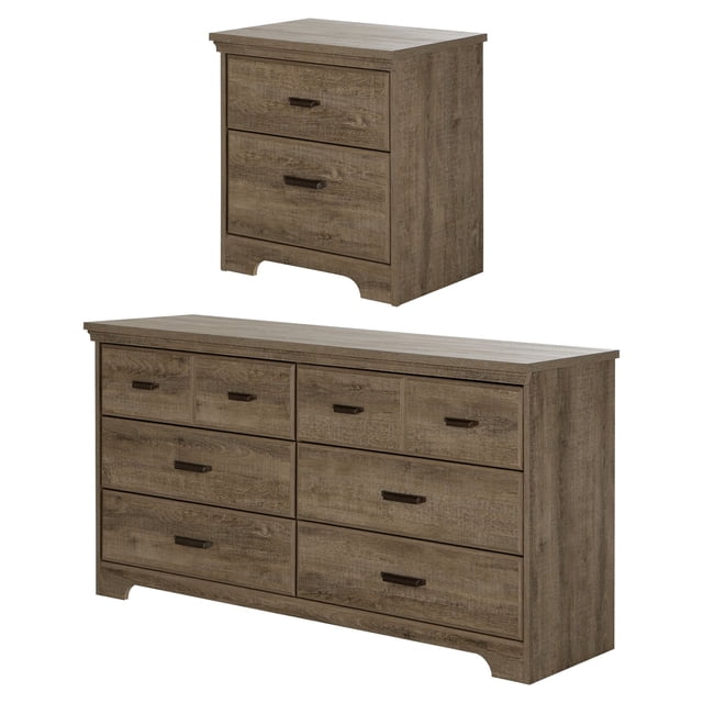 South Shore Versa 6-Drawer Dresser and Nightstand Set for Adult, in Weathered Oak