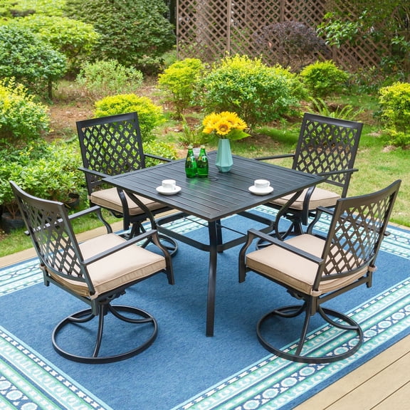 5-Piece Outdoor Patio Dining Set with Swivel Cushioned Chairs, All Weather Metal Steel Furniture, Black & Beige