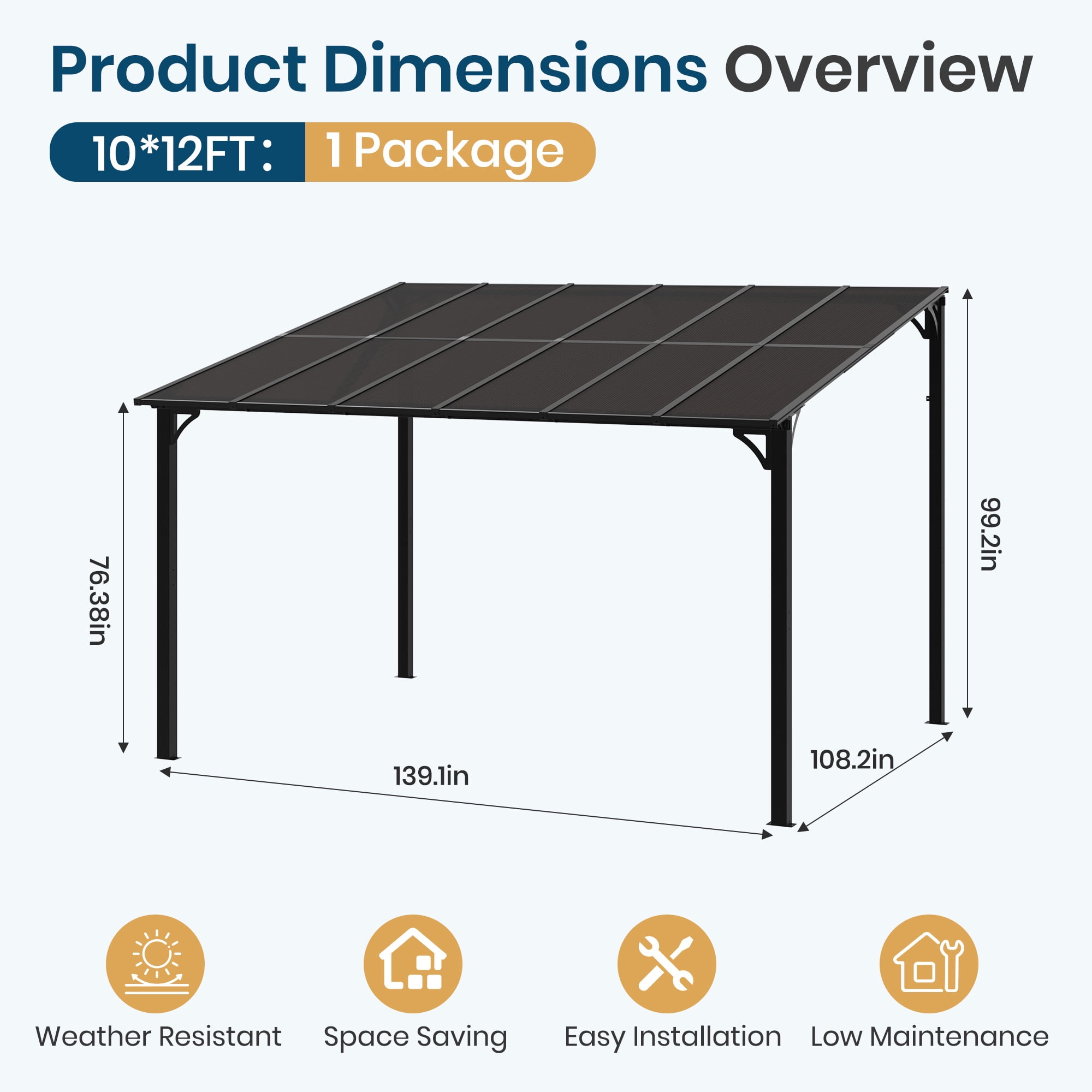 10’ x 12’ Wall-Mounted Gazebo with Polycarbonate Roof Panels, Lean-to Pergola Patio Cover with Aluminum Frame, Outdoor Awning for Backyard, Porch & Deck