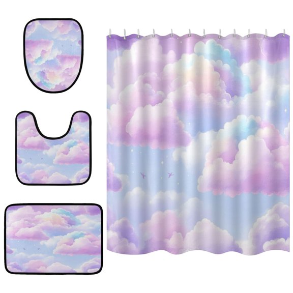 Pastel Colored Clouds Bathroom Accessory Curtain Sets Bath Curtain Anti-Slip Mats and Toilet Pad 66x72in