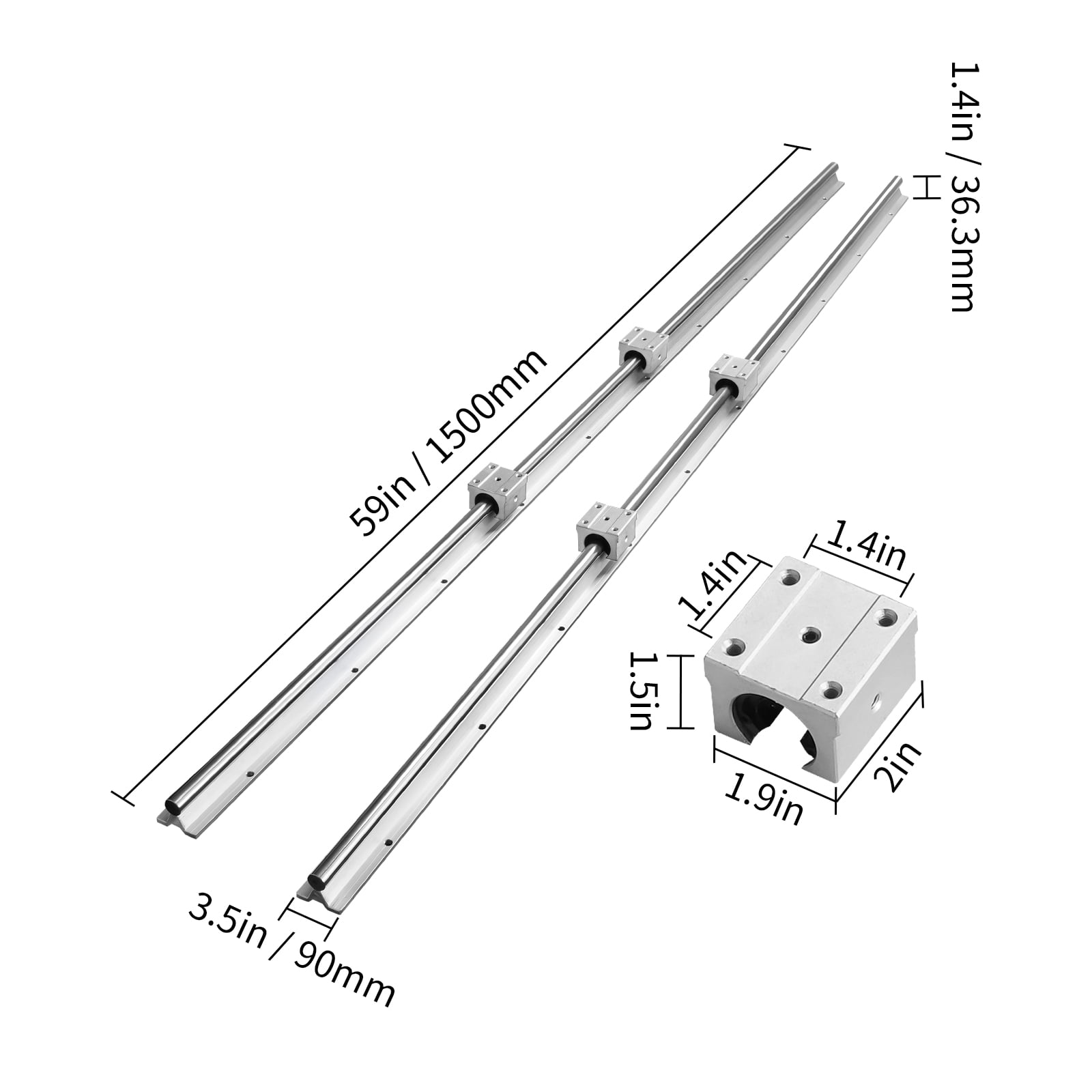 SKYSHALO 2PCS SBR20 1500mm Linear Guide Rail Slide Rail 4 PCS SBR20UU Bearing Block