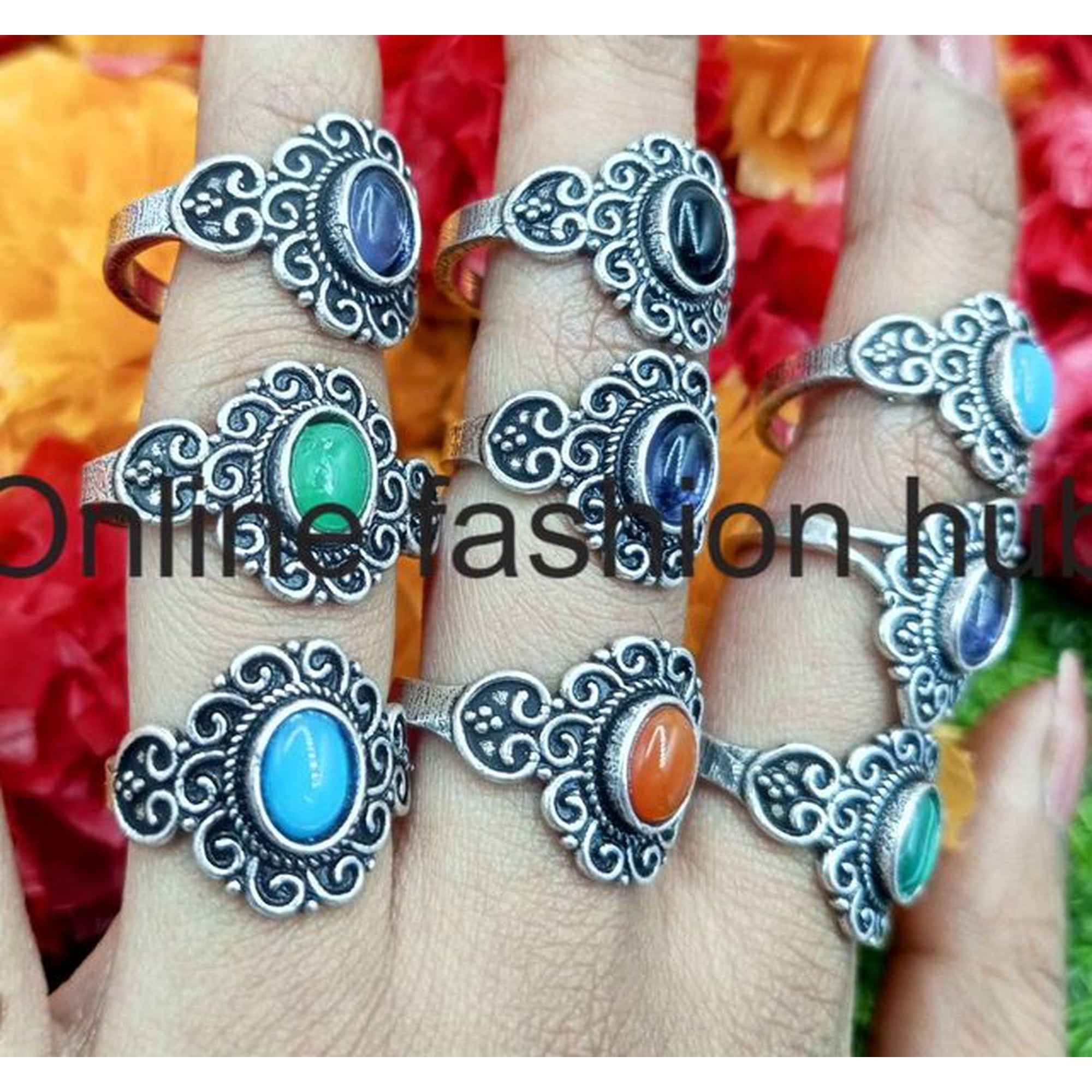 Black Onyx& Mix Gemstone 925 Sterling Silver Plated Handmade 10pcs Ring
