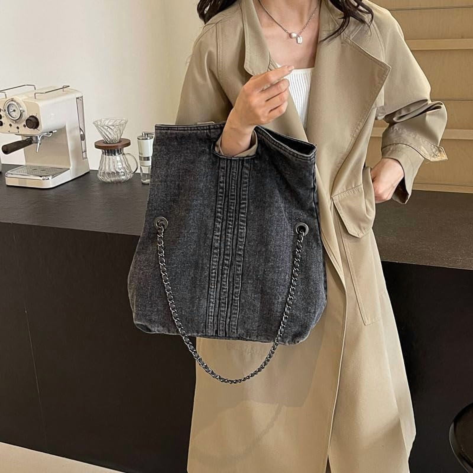 Women Denim Shoulder Handbag Retro Crossbody Bag Large Capacity Tote Purse Chain Strap Underarm Bag