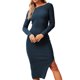 thumbnail image 1 of Vestido tipo suéter con cuello en V para mujer Vestido casual de manga larga con rosca y abertura en la parte delantera y trasera - Azul, S, 1 of 6