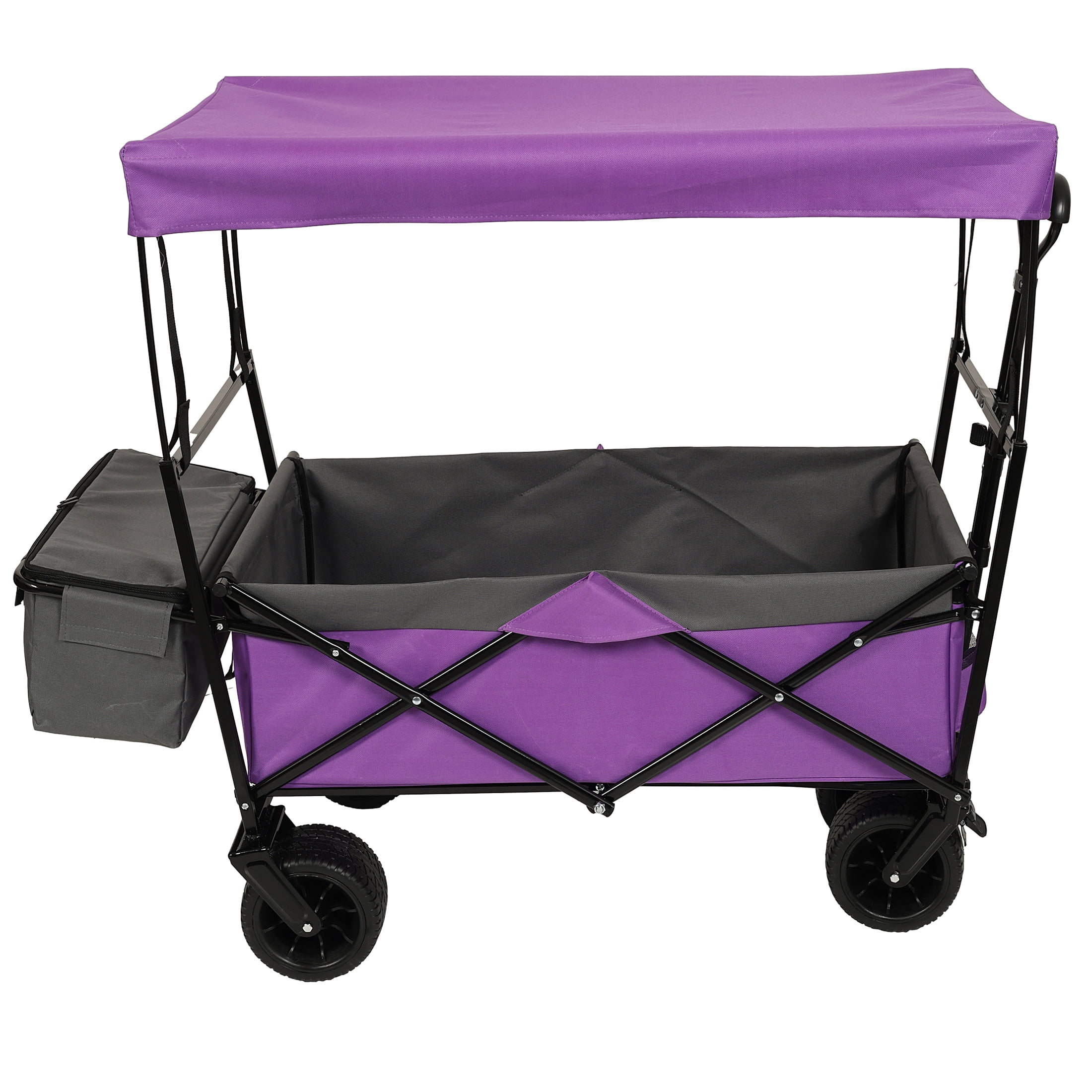 Heavy Duty Folding Wagon with Canopy, 480 lbs Collapsible Wagon Stroller with Mosquito Net, 7"x4" All-Terrain Wheels for Camping, Garden, Purple