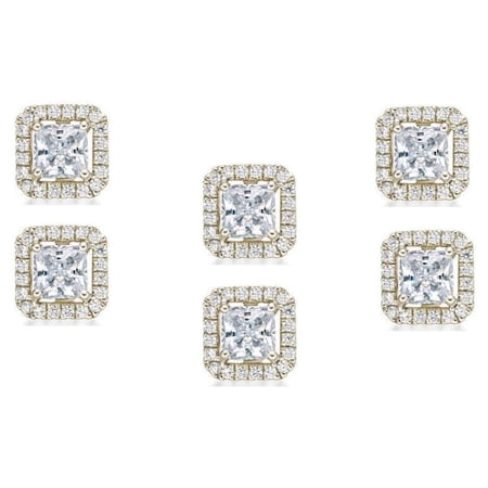 Paris Jewelry 18k Yellow Gold 4Ct Princess Cut White Sapphire Set of Three Halo Stud Earrings Plated