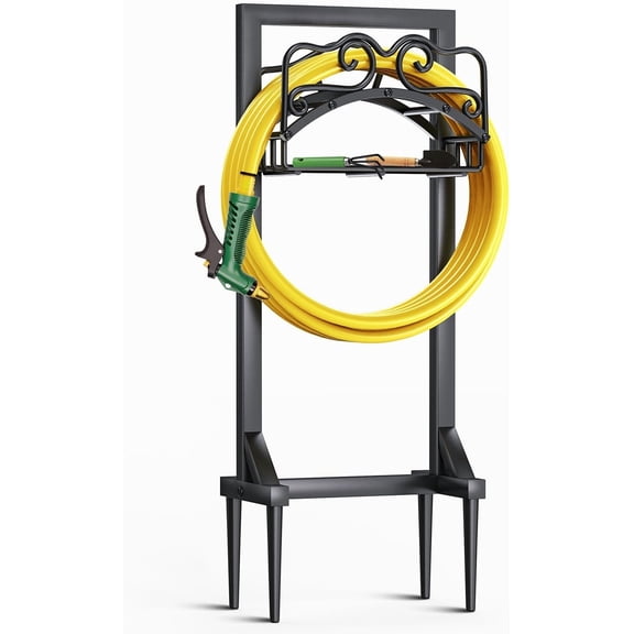 Garden Hose Holder, Heavy Duty Metal Water Hose Holder with 4 Spikes Outdoor Freestanding Hose Hanger Detachable Sturdy Hose Stand Holds 150-feet Hose, Garden Hose Storage Rack for Outside Yard Lawn
