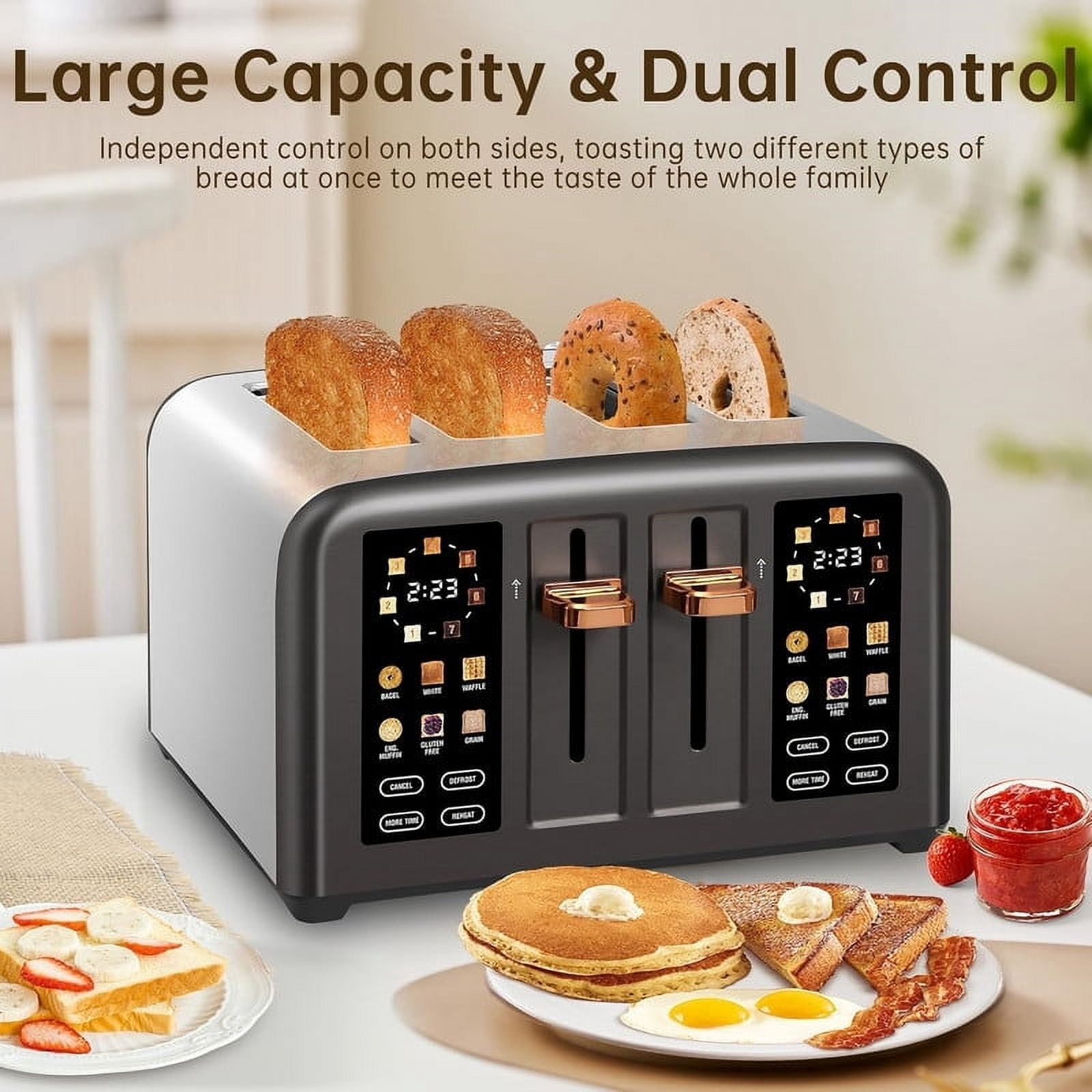 4 Slice Toaster Touch Screen Long Slot, Touch Screen for Dual Control, 7 Shade Settings,1.5'' Extra Wide Long Slots,1800W,Grey