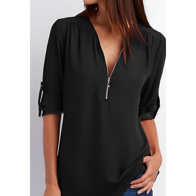Blusa de mujer con cuello en V, manga 3/4, túnica, camisa larga con cremallera