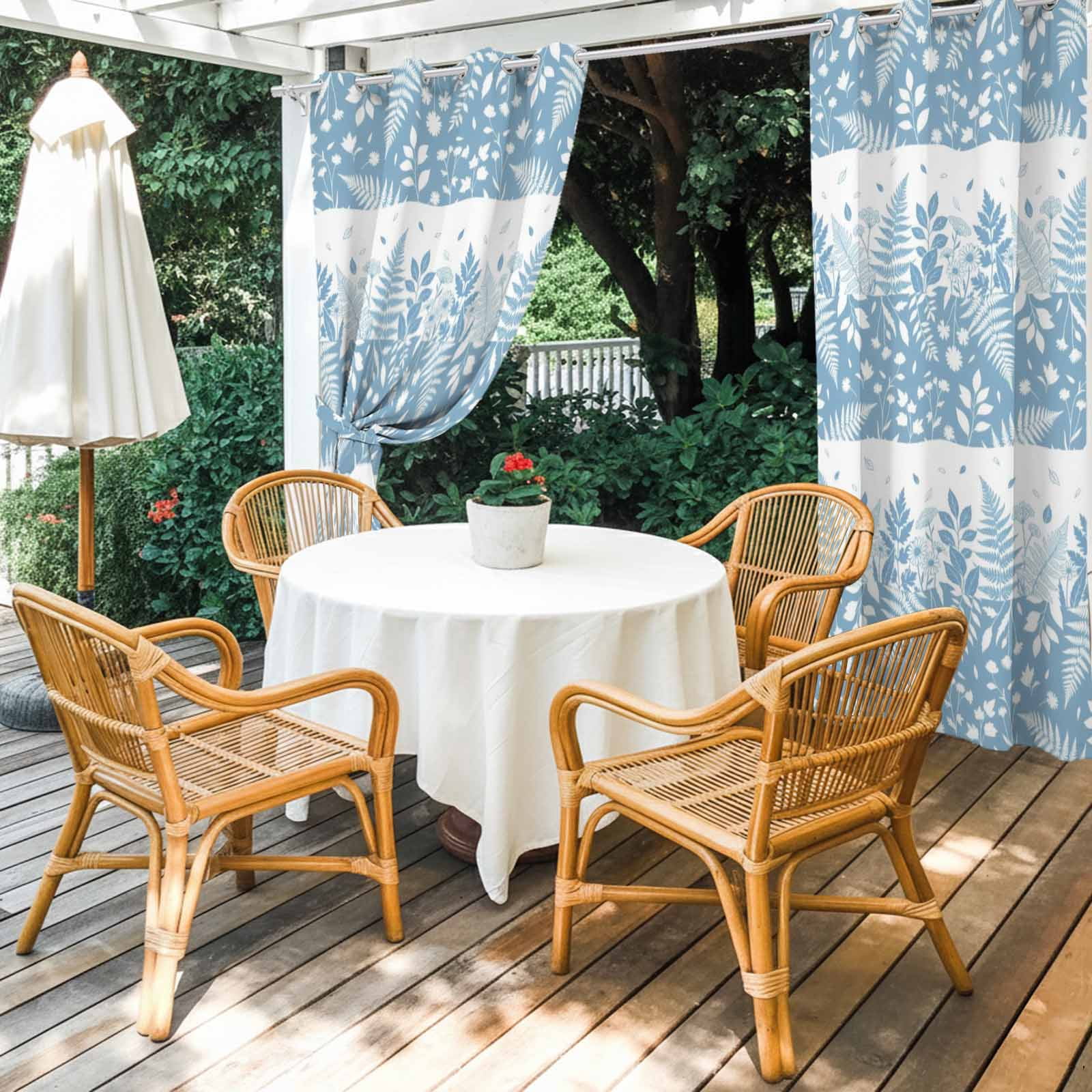 Spring Ferns Outdoor Curtains for Patio, Country Blue Floral Leaf Fern Sunshade Privacy Drapes Grommet Waterproof Outside Curtains for Porch/Cabana/Balcony 54"x 108", 1 Panel
