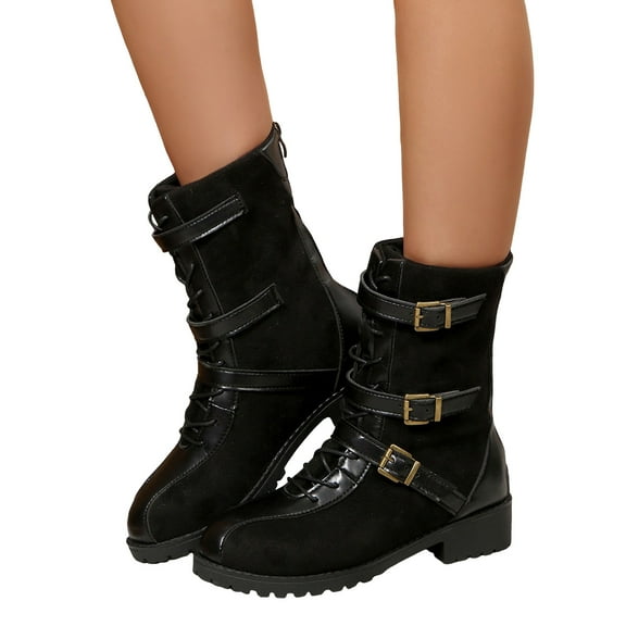 Rokment Vintage Buckles Mid Calf Combat Boots for Women 2025 Fall Winter Suede Leather Patchwork Low Heel Riding Short Booties Black Size 6