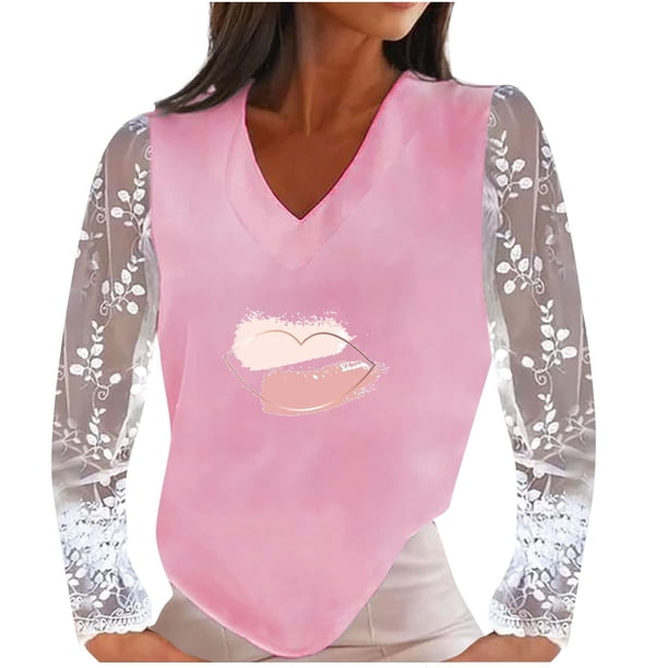 Blusa informal con cuello en V y manga larga de encaje para mujer Pompotops gfhjh22280