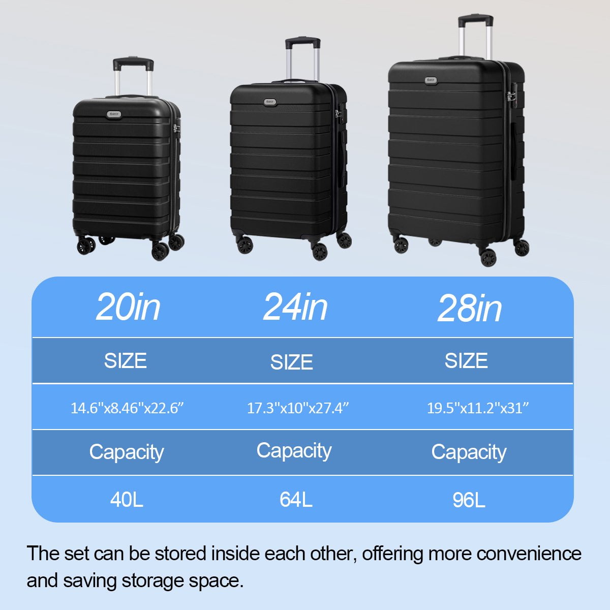 Luggage Set 3 Piece,PC ABS Lightweight Hardside Suitcases with TSA Lock,Carry on luggage with Wheels,Black