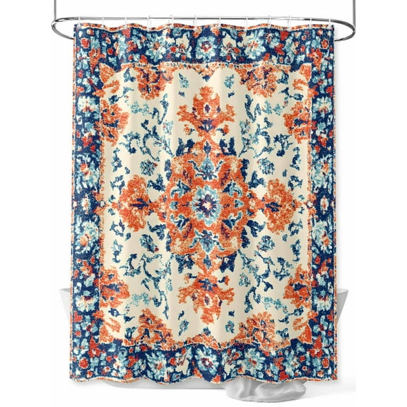 Orange Blue Ethnic Long Shower Curtain Set, Waterproof Shower Curtains for Bathroom, Boho Vintage Geometric Art Washable Fabric Cloth Bath Curtain for Bathtub Decoration with Hooks 72x84 Inches