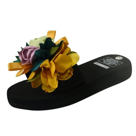 

Women Slippers Women s Bohemian Flower Wedges Slippers Summer Sandals Non-slip Beach Shoes Yellow 6