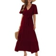 thumbnail image 3 of Boho Dot Summer Maxi Dresses for Women Wrap V Neck Short Sleeve Long Flowy Church Wedding Guest Dress Red XXL, 3 of 8