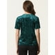thumbnail image 3 of Camiseta de manga corta con cuello redondo informal de terciopelo vintage para mujer Azul verde S, 3 of 5