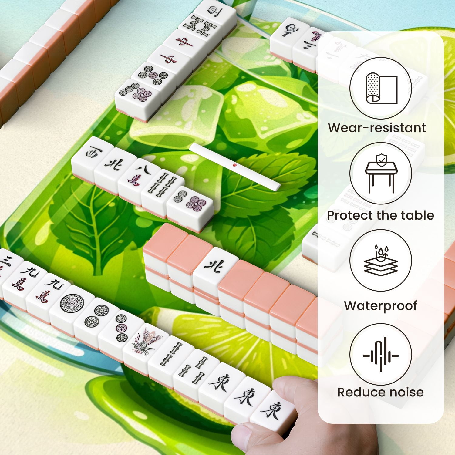 Mahjong Mat 31.5" x 31.5" Refreshing Lime Mojito Drink Mint Ice Cubes Non-Slip Noise Reduction Mahjong Tiles Table Cover for Dominoes Poker Card Board and Tile Games
