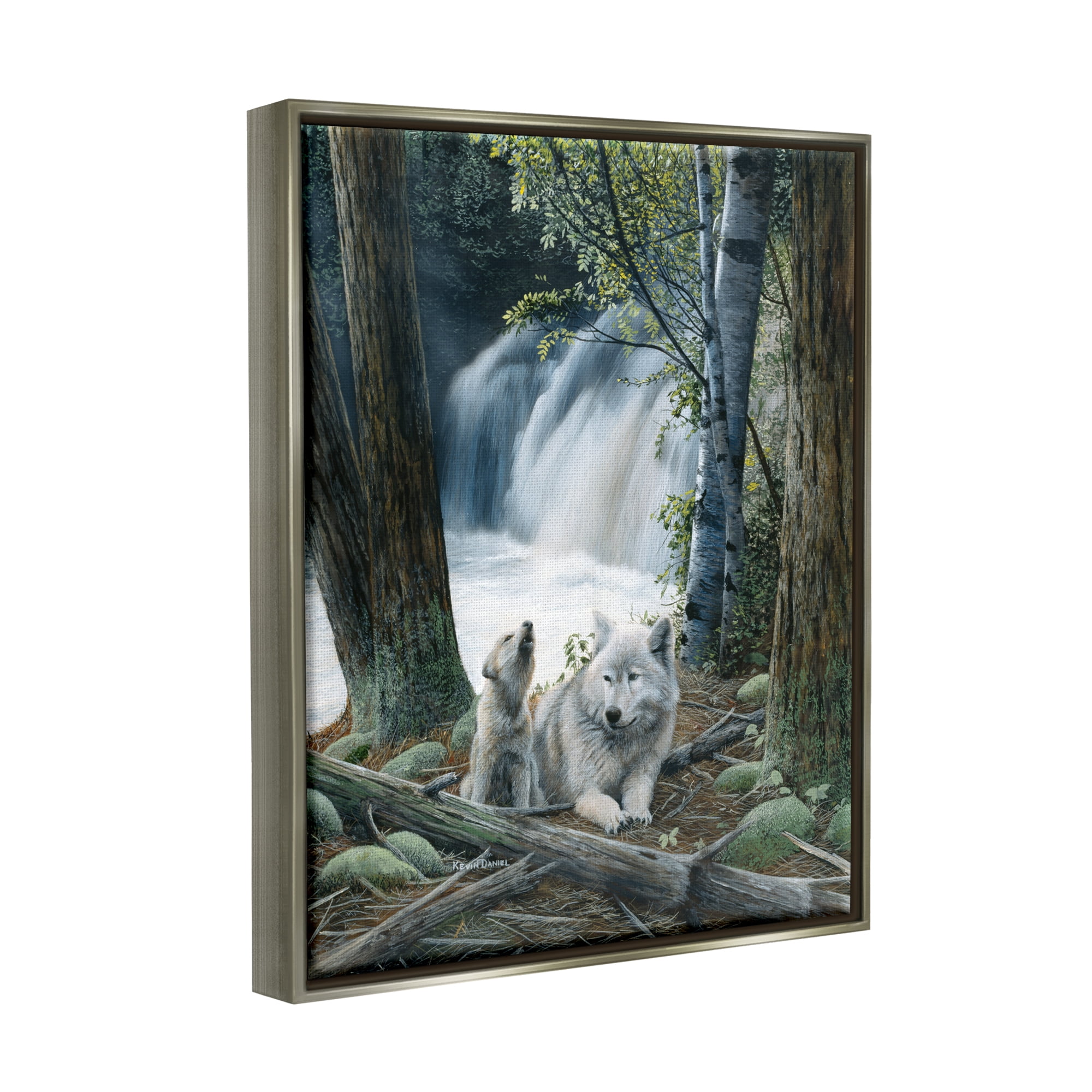 Stupell Industries Wolves by Forest Waterfall Animals & Insects Painting Gray Floater Framed Art Print Wall Art, 17 x 21