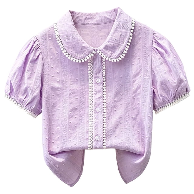 Odeerbi Camisa de Vestido de Algodón de Las Niñas Flor Bordado de Manga Corta Uniforme de La Escuela Con Bolsillo