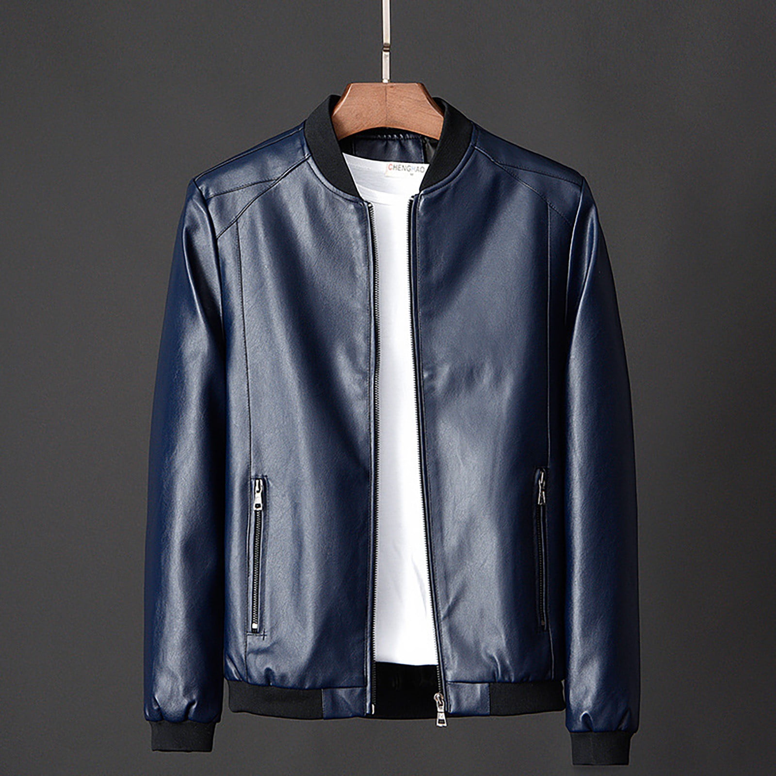 Baberdicy Faux Leather Jacket Mens Casual Baseball Collar Coat Leather Coat, Classic Windproof Outwear Blue 6Xl