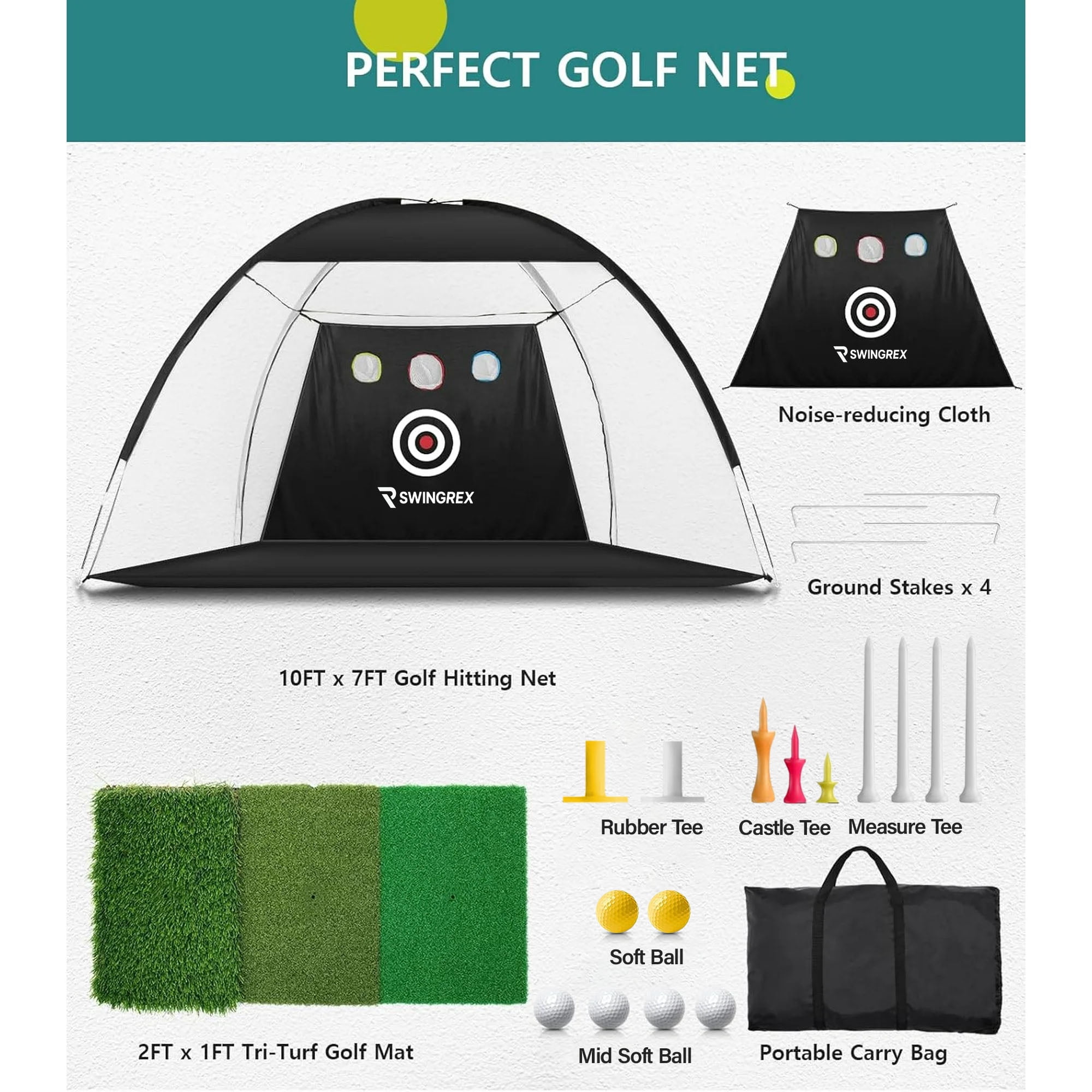 SwingRex 10x7FT Golf Net for Home Swing Training with Mat, Target & Balls