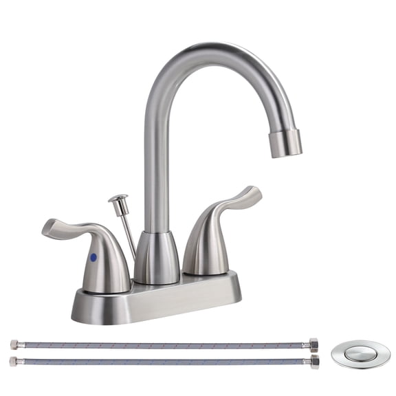 WOWOW 2 Handle Modern Bathroom Faucet Brushed Nickel, 4 Inch Centerset Bathroom Faucet with Drain Assembly and Supply Hoses, 3 Holes Faucet for Bathroom Sink