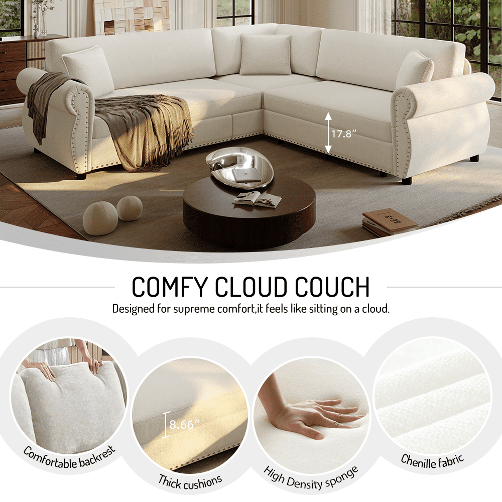 88.2'' Pull Out Couch, Convertible Sleeper Sofa Bed, Upholstered Sectional Sofa, Chenille L-Shaped Couch with Nailhead Trim, 4-Seater Modern Sectional Couches for Living Room, Apartment, Beige