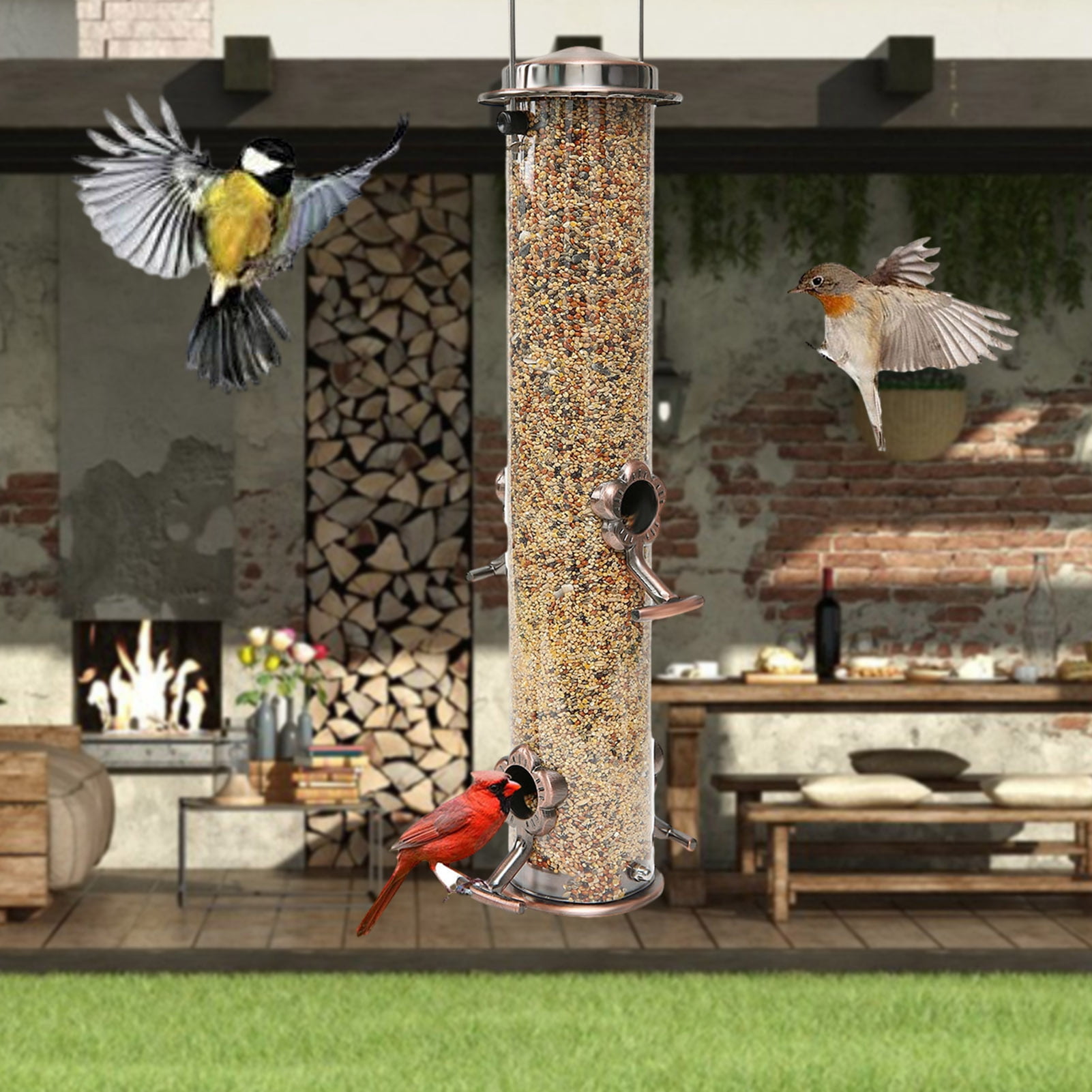 Opvise Outdoor Hanging Metal Bird Feeder Four Ports Large Capacity Clear Visible Weather-proof Waterproof Yard Garden Bird Feeding Device transparent