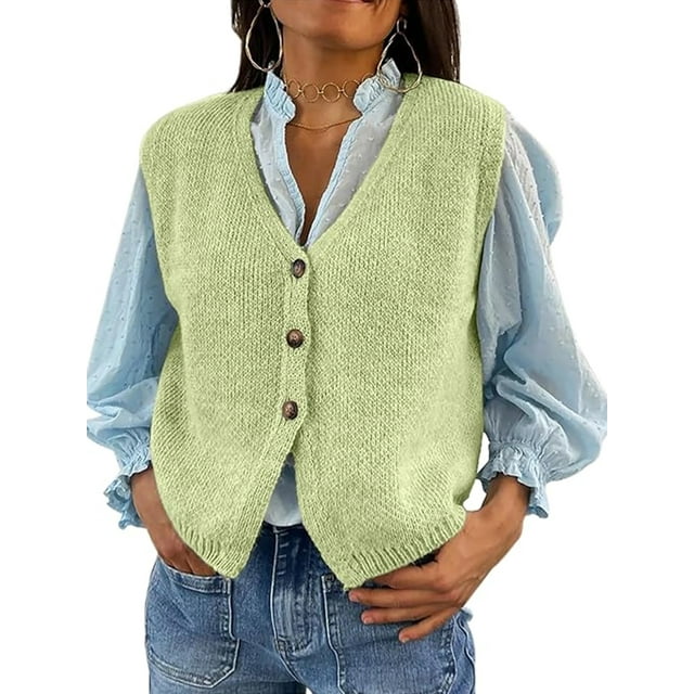 Gupgi Knit Tank Tops for Women Button Front V-Neck Basic Tops Casual Solid Color Sleeveless Sweater Vest