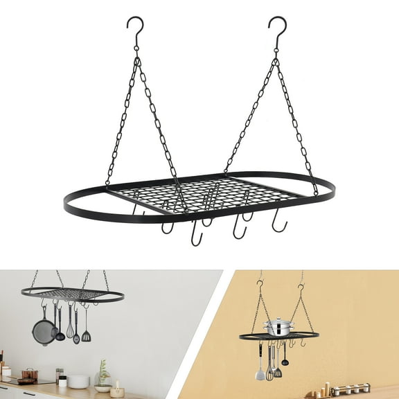 Pot&Pan Rack Ceiling Mounted kitchenware Holder Hanging Storage Shelf w/ 10Hook for Apartments, Kitchens