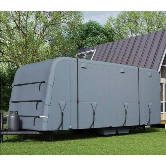 Telyswee Travel Trailer Rv Cover, Windproof Camper Cover with Extra-Thick 6 Layers Anti-Uv Top Panel, Breathable, Water-Proof, Rip-Stop, Gray