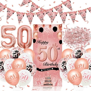 YANSION 50th Birthday Decorations, Pink Rose Gold 50th Party Balloons, Happy Birthday Backdrop Pink Rose Gold Sign Poster 50th Anniversary Banner Photo Booth Background for 50th Party Supplies