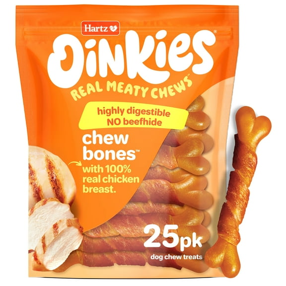 Hartz Oinkies Rawhide-Free Long Lasting Chew Bone Chicken Wrapped Dog Treats, 12.3oz (25 Count)