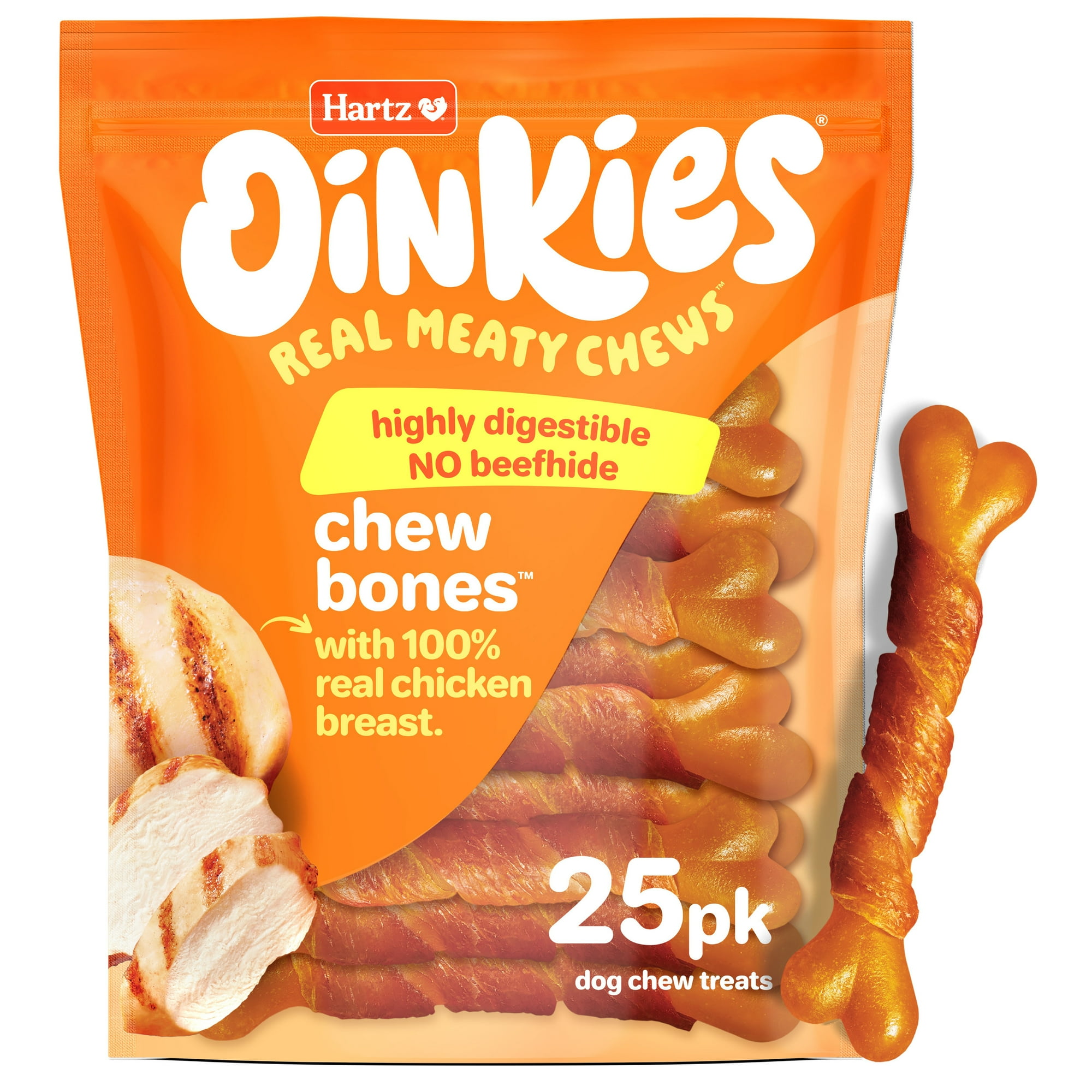Hartz Oinkies Rawhide-Free Long Lasting Chew Bone Chicken Wrapped Dog Treats, 12.3oz (25 Count)