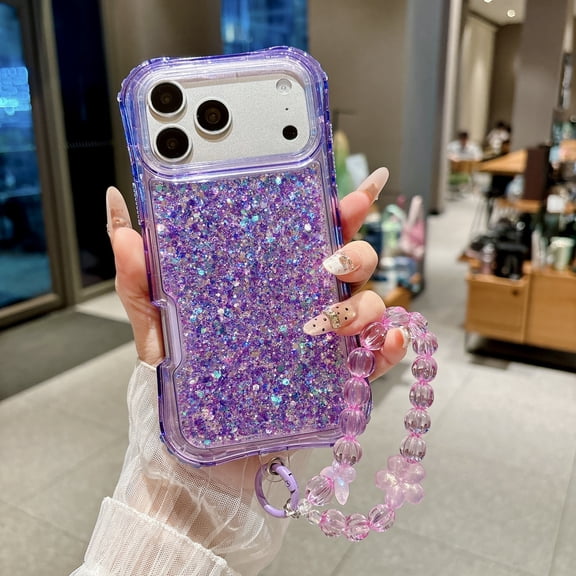 for iPhone 18 Pro Max 3-Layer Case with Beaded Bracelet, Sparkly Glitter Shockproof Anti-Scratch Protective Girls Women TPU Anti-Yellow Phone Case Cover for iPhone 18 Pro Max, Violet