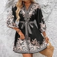 thumbnail image 4 of WTOBBY Women's Fashion Floral Print V-Neck 3/4 Sleeve Tie Waist Dress, Casual Midi Dress with Flattering Silhouette for Day to Night Transition,Black M, 4 of 6