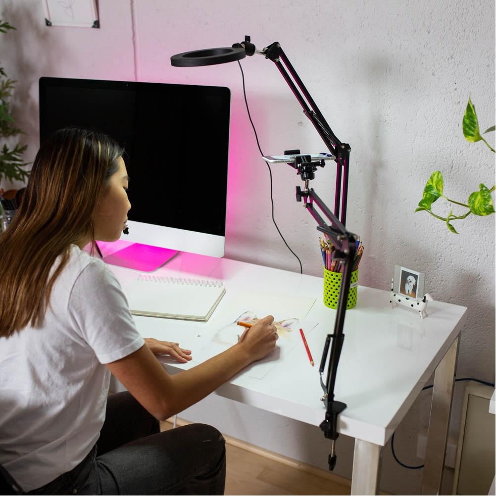 Phone Ring Light Holder, 8'' Ring Light with 2 Foldable Arm Stand for iPhone to Baking,Craft,Calligraphy,Drawing,Online Lesson,Video Recording