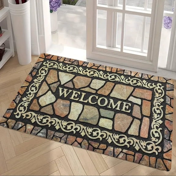 Jinswick Retro Door Mat, 16 x 24 Inch Beige Welcome Doormat Decorative Home Floor Mat, Non Slip Rubber Back and Strong Water Absorption for Outdoor Indoor Entrance Decor