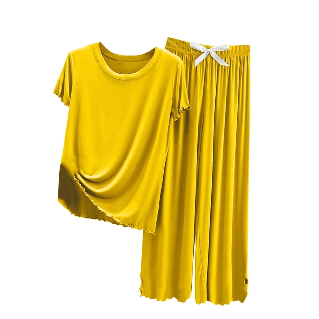 Timegard Ensembles Lounge pour Femmes Pyjamas 2 Pcs T-Shirt à Col Rond Pantalon à Nœud Papillon Tenues d'Été Vêtements d'Intérieur