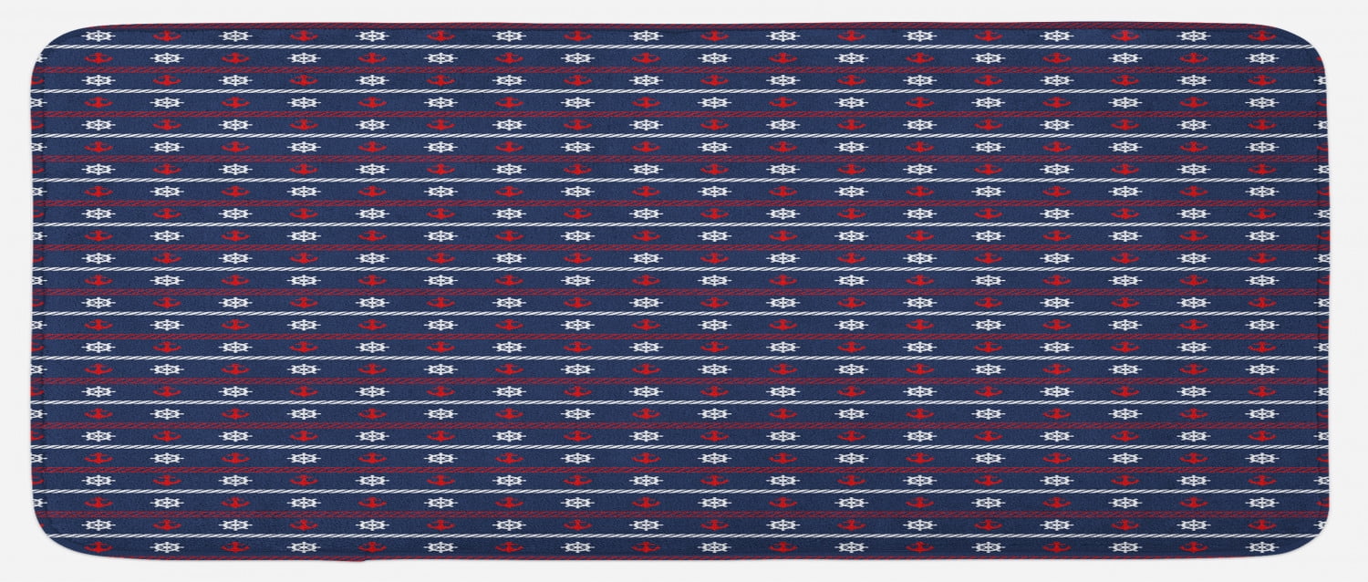 Navy Blue Kitchen Mat, Horizontal Borders with Nautical Elements Marine