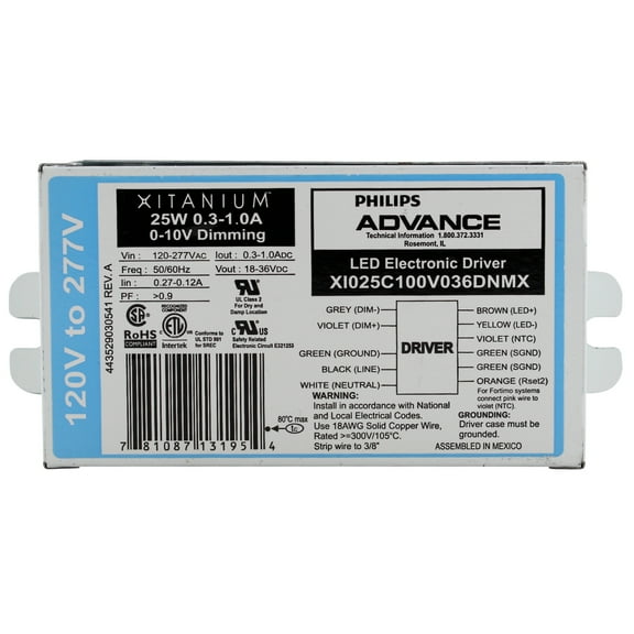 Advance X1025C100V036DNM1 Xitanium LED Dimming Driver, 18-36VDC, 25W, 0-10V