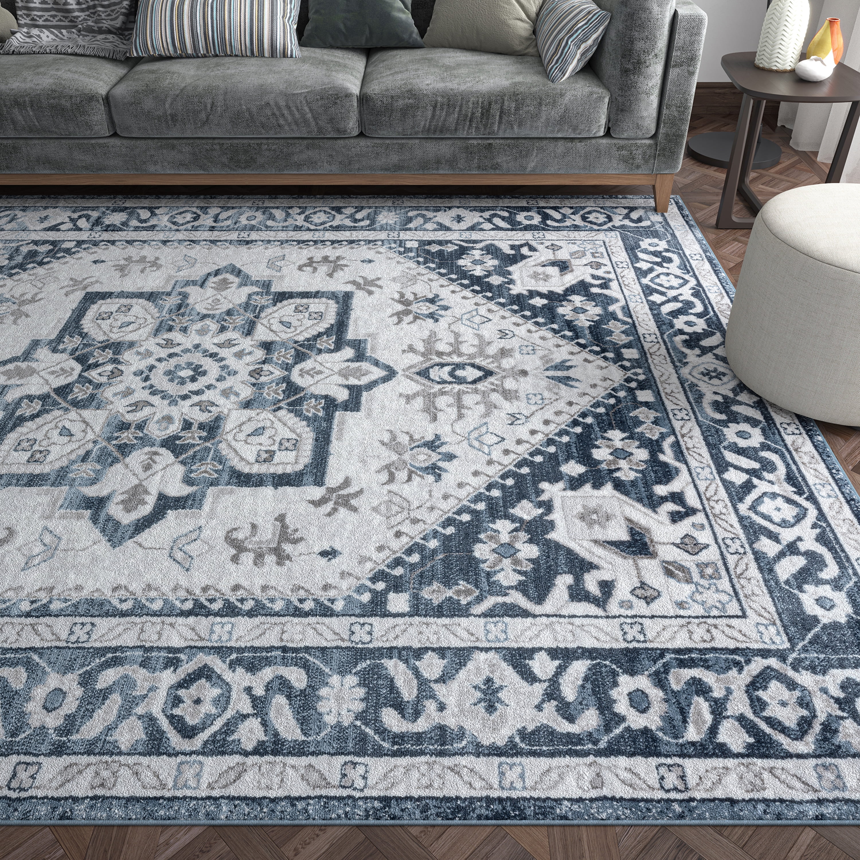 Traditional 2x8 Area Rug (2'3'' x 7'3'') Medallion Blue, White Indoor Runner Easy to Clean