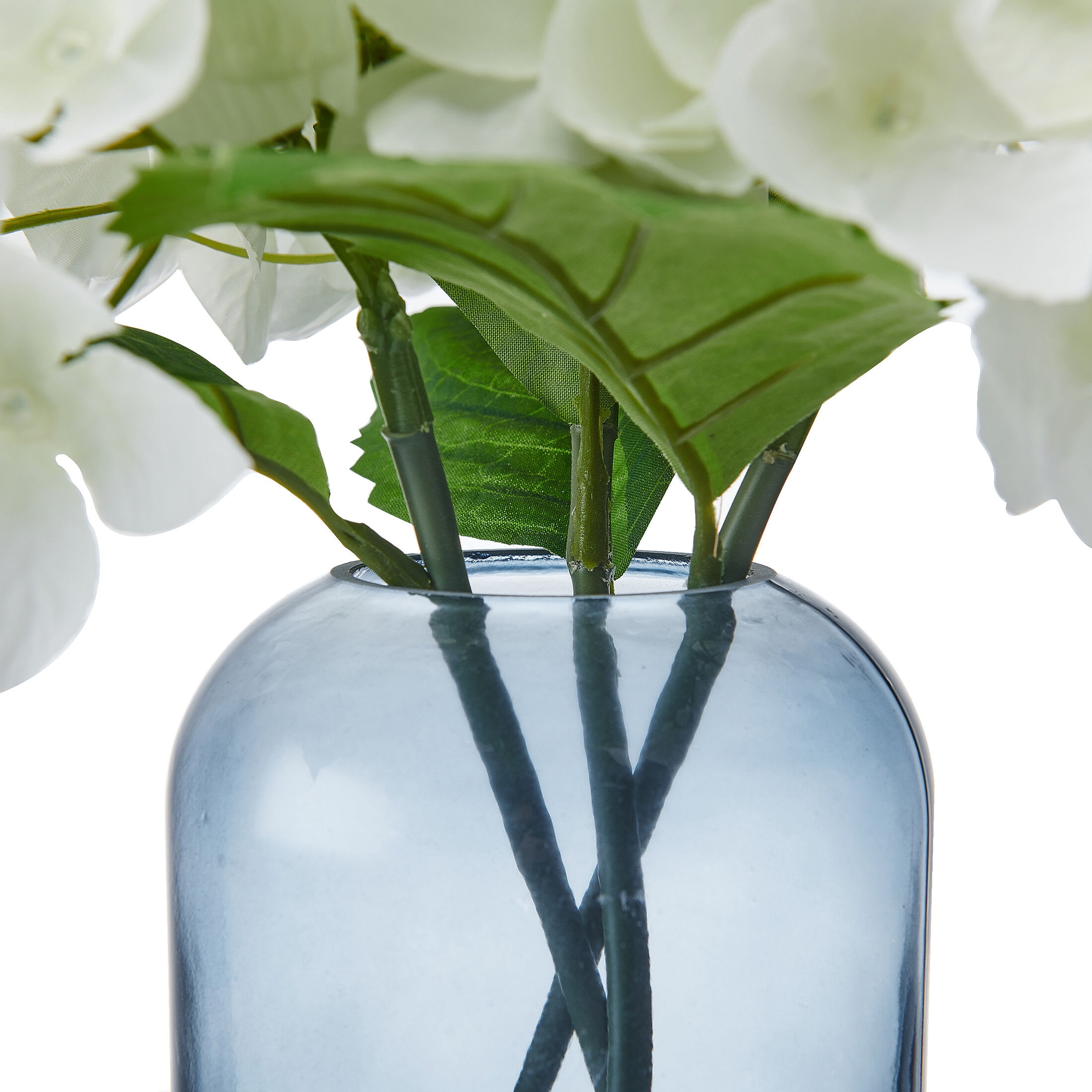Elements 11.8 inch Realistic Look and Feel Artificial White Hydrangea Arrangement in Blue Glass Vase