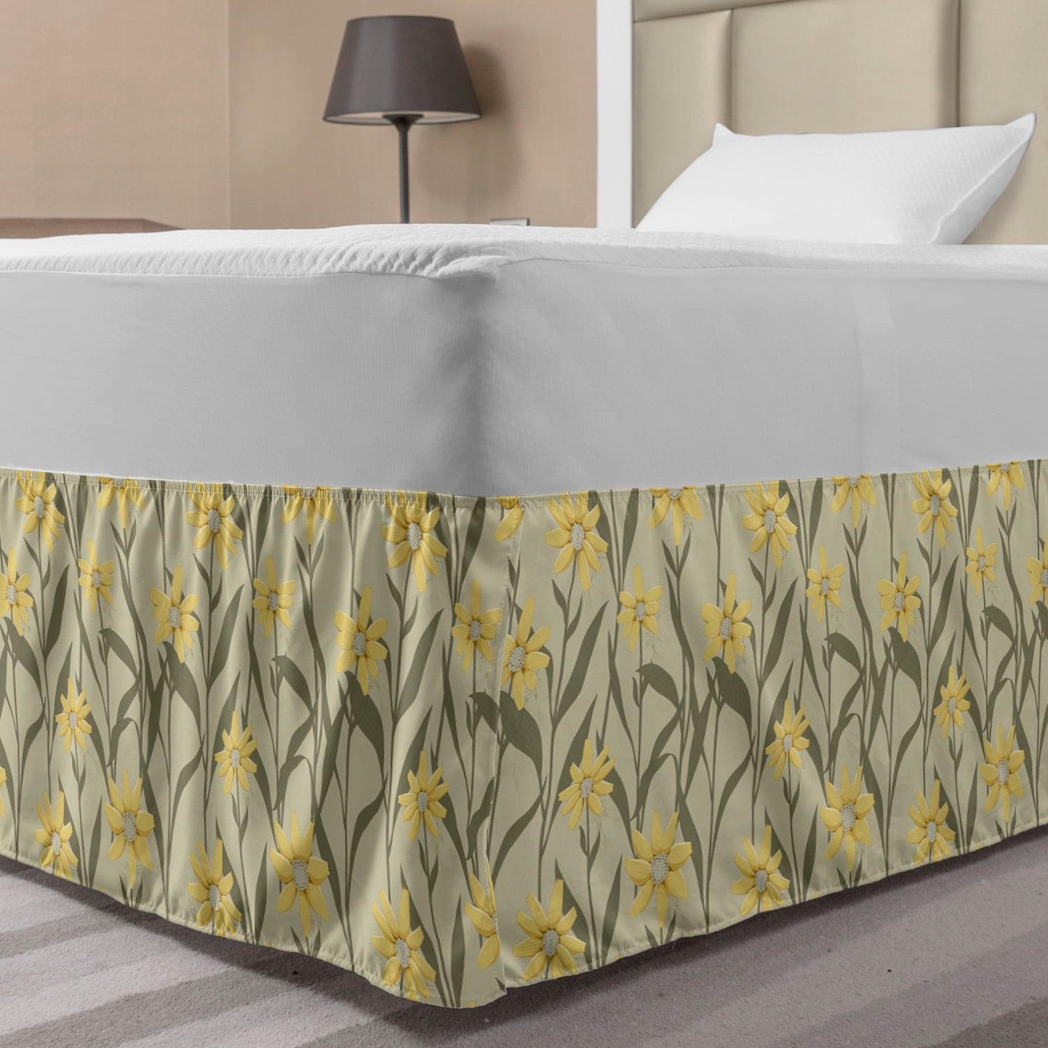 Floral Bed Skirt, Repetitive Vintage Style Pattern of Mustard Tone